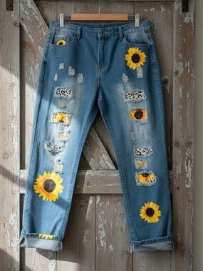 Sunflower Upcycled Distressed Boho Patchwork Painted Jeans
